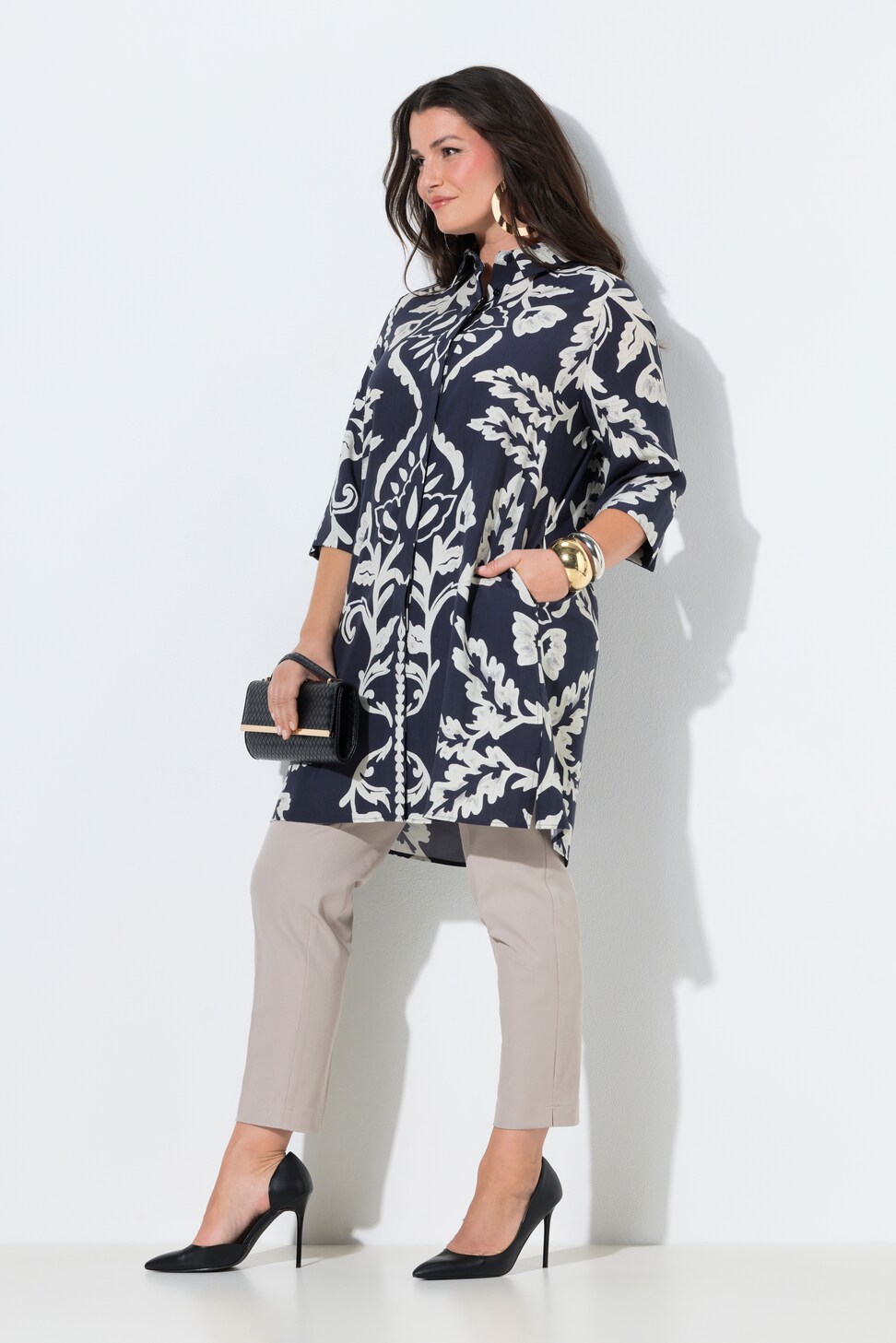 Ulla Popken Camicia Lunga Donna A Righe Con Scritte - Colletto, Taschino, Maniche Lunghe, Cotone