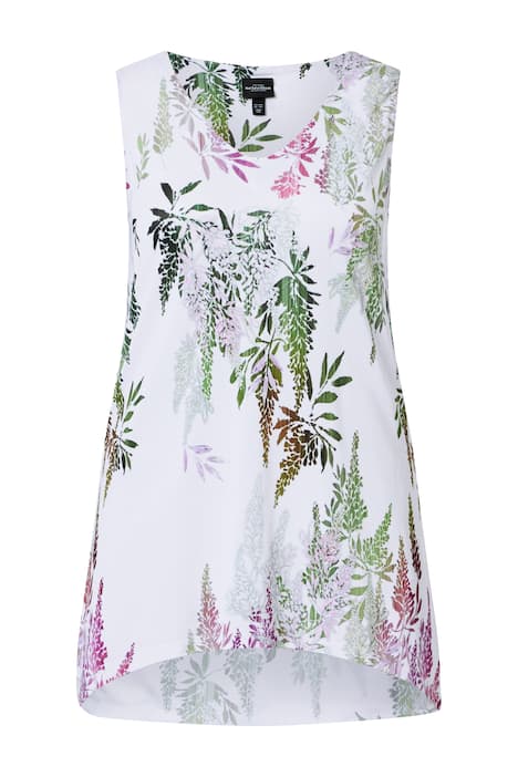 Splývavé tričko, cípatý dolní lem, A-linie, V výstřih, bez rukávů