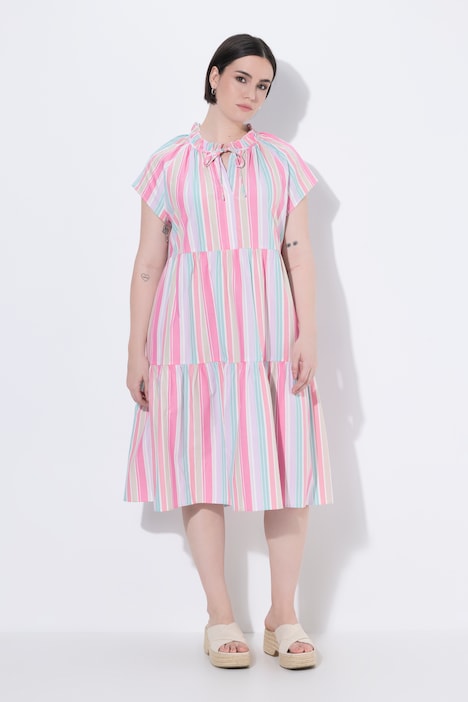 Midikleid, Streifen, A-Linie, Rundhals, Ärmelvolant