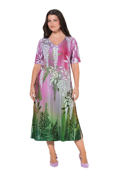 Splývavé piké šaty, áčkový střih, V výstřih, polodlouhý rukáv