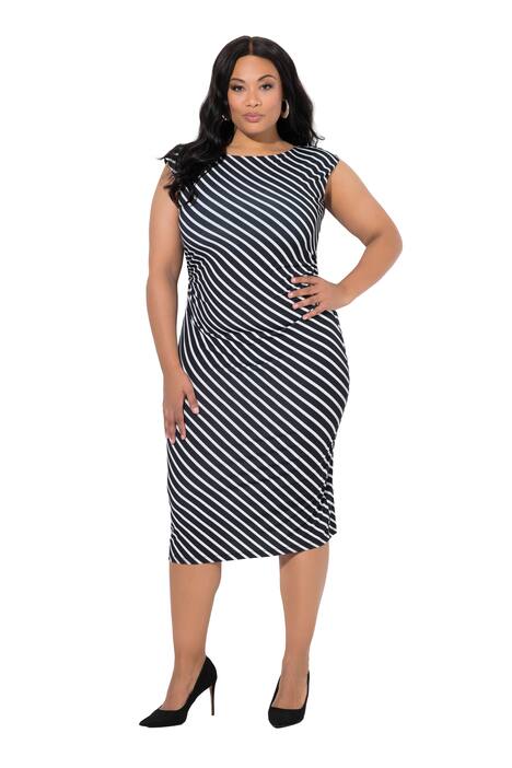 Midi šaty, žerzej, řasení, diagonální pruhy, lodičkový výstřih