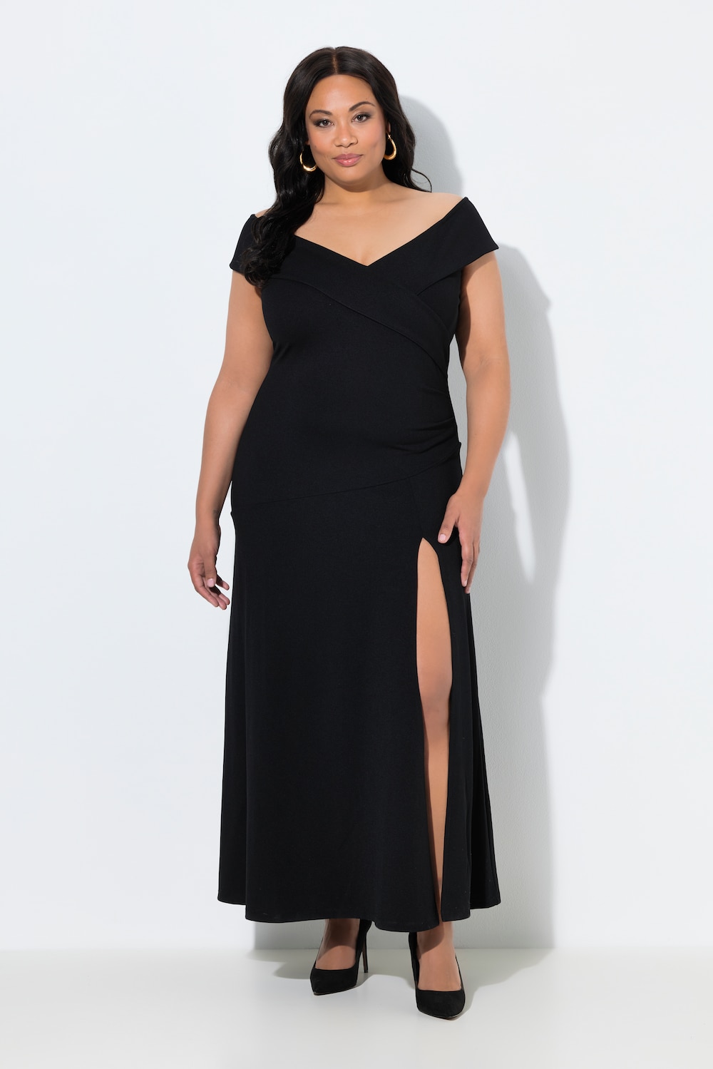 Große Größen Maxi-Carmenkleid, Damen, schwarz, Größe: 44, Polyester, Ulla Popken