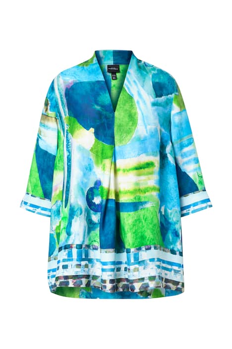 Saténová halenka, lemy, áčkový střih, kalichový límec, 3/4 rukávy