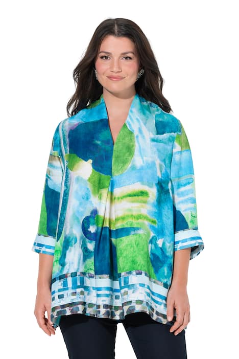 Saténová halenka, lemy, áčkový střih, kalichový límec, 3/4 rukávy