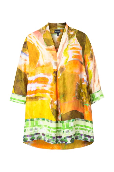 Saténová halenka, lemy, áčkový střih, kalichový límec, 3/4 rukávy