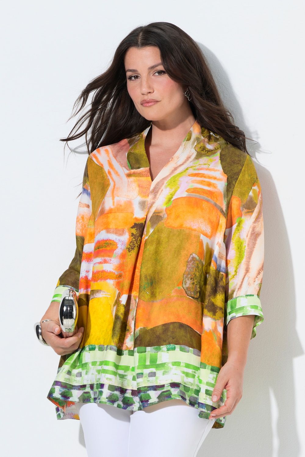 Satinbluse, Bordüren, A-Linie, Kelchkragen, 3/4-Arm