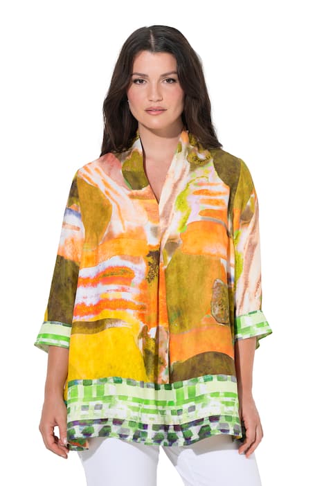 Saténová halenka, lemy, áčkový střih, kalichový límec, 3/4 rukávy