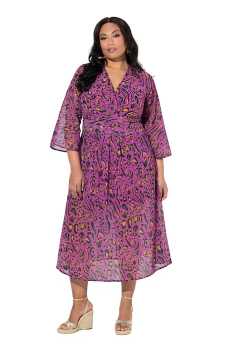 Žerzejové šaty, leopardí vzor, V výstřih, dlouhé rozšiřující se rukávy