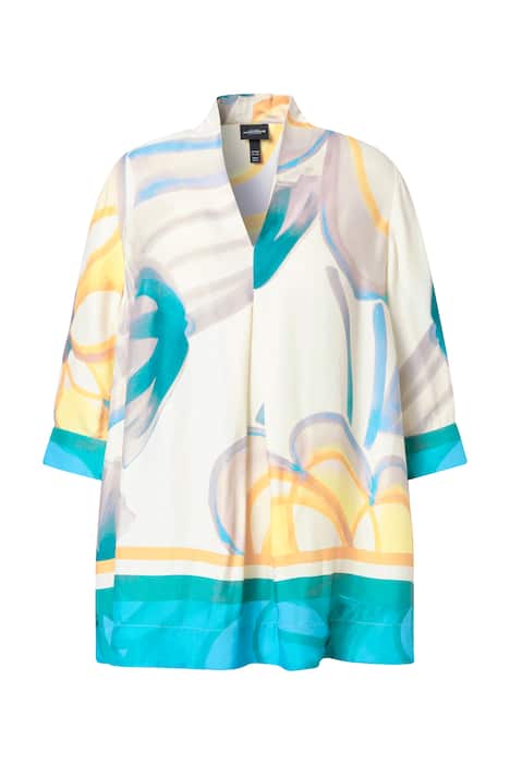 Saténová halenka, lemy, A-linie, kalichový límec, 3/4 rukávy