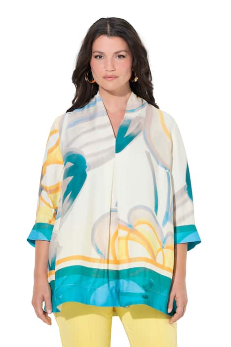 Saténová halenka, lemy, A-linie, kalichový límec, 3/4 rukávy