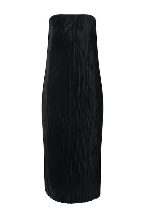 Plisované maxi šaty, pružný výstřih, bez ramen