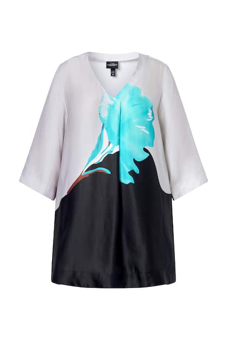 Saténová halenka, květinový vzor, A-linie, V výstřih, 3/4 rukáv