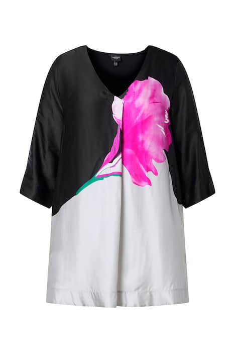 Saténová halenka, květinový vzor, A-linie, V výstřih, 3/4 rukáv