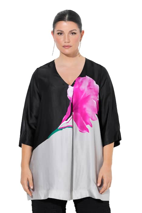 Saténová halenka, květinový vzor, A-linie, V výstřih, 3/4 rukáv