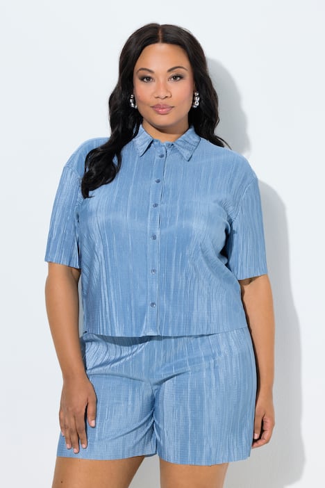 Plissee-Bluse, Hemdkragen, Halbarm, kurz