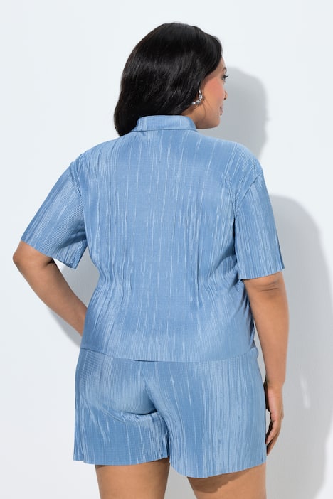 Plissee-Bluse, Hemdkragen, Halbarm, kurz