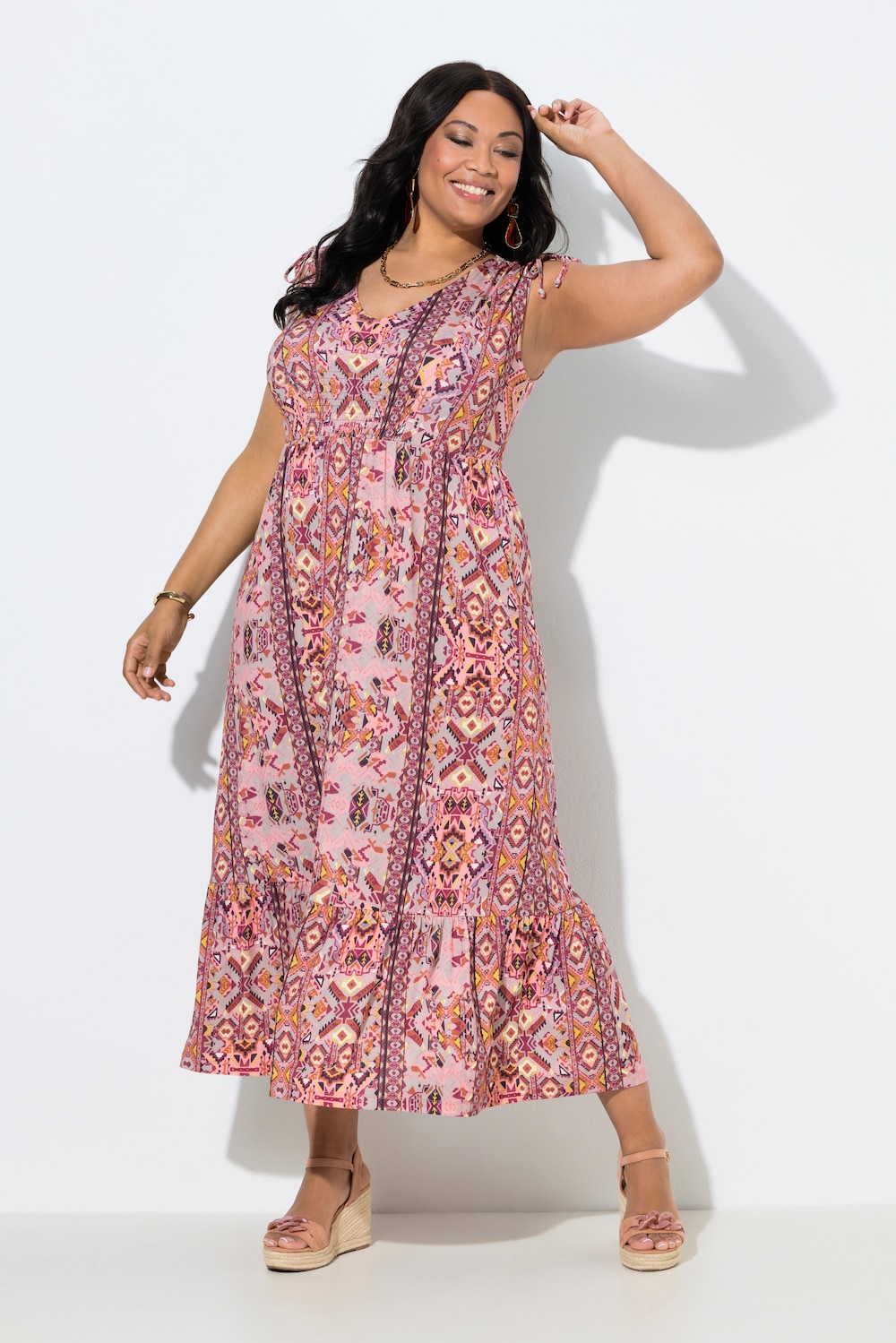 Maxikleid, grafischer Druck, V-Ausschnitt, ärmellos