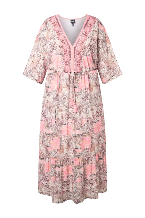 Maxi šaty, V výstřih, 3/4 rukáv, volánový lem