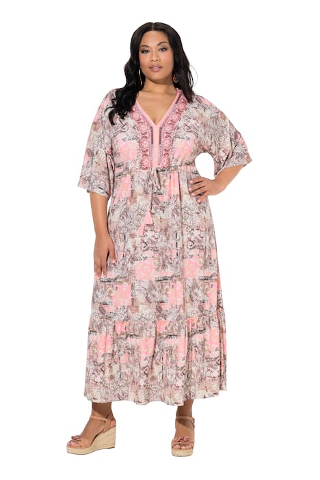 Maxi šaty, V výstřih, 3/4 rukáv, volánový lem