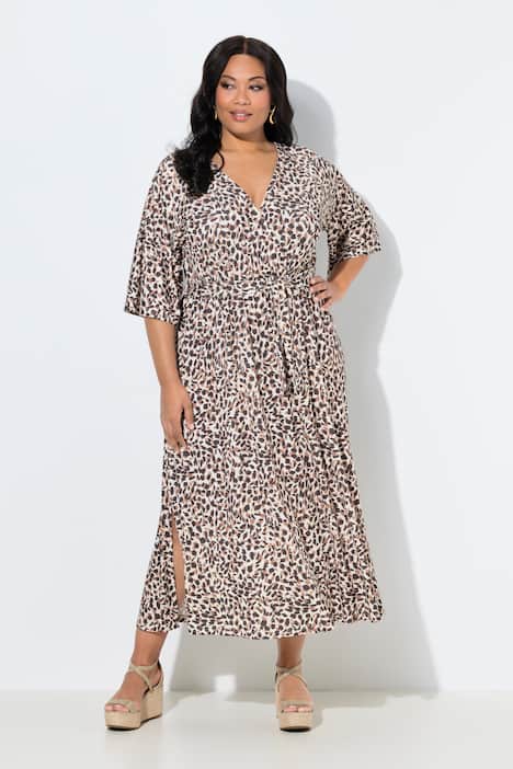 Maxikleid, Leomuster, V-Ausschnitt, 3/4-Kimonoärmel