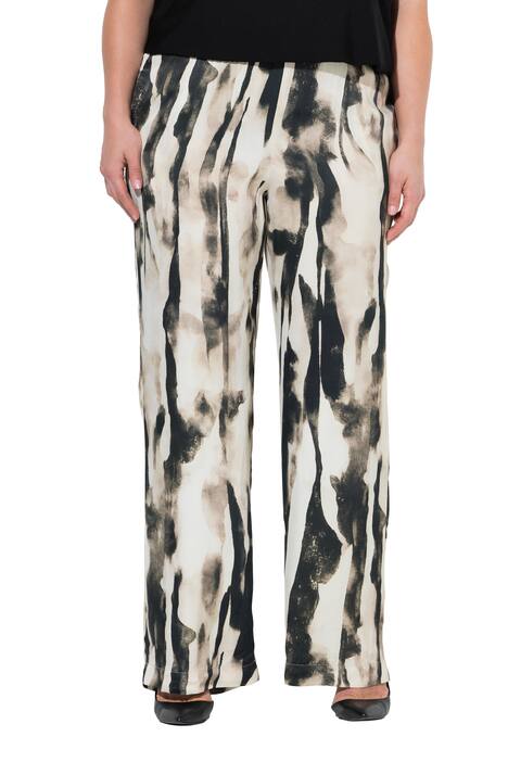 Saténové kalhoty, potisk, široké nohavice, elastický pas