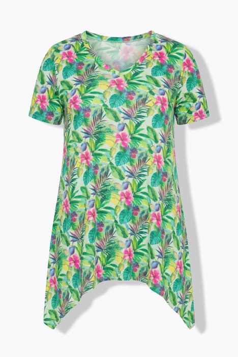 T-Shirt, exotisches Blumenmuster, Zipfelsaum