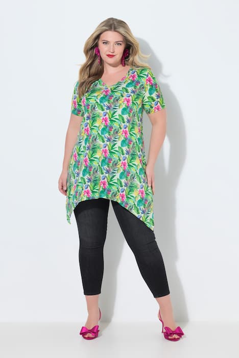 T-Shirt, exotisches Blumenmuster, Zipfelsaum