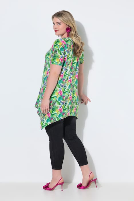 T-Shirt, exotisches Blumenmuster, Zipfelsaum