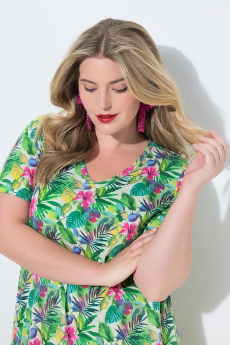 T-Shirt, exotisches Blumenmuster, Zipfelsaum