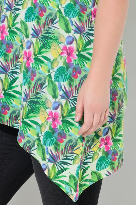 T-Shirt, exotisches Blumenmuster, Zipfelsaum