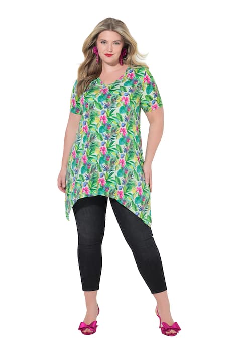 Tričko, exotický květinový vzor, prodloužený lem
