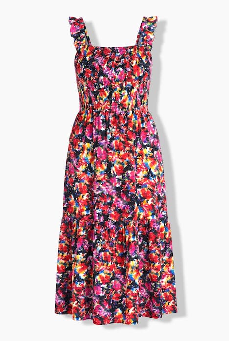 Robe midi smockée, modèle sans manches, motif à fleurs