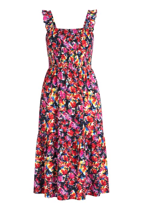 Midi šaty bez rukávů, áčkový střih, elastický řasený top, květinový potisk