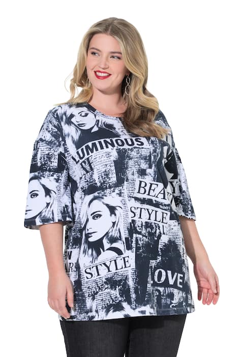 Tričko, volný oversize střih, černobílý vzor, 3/4 rukáv