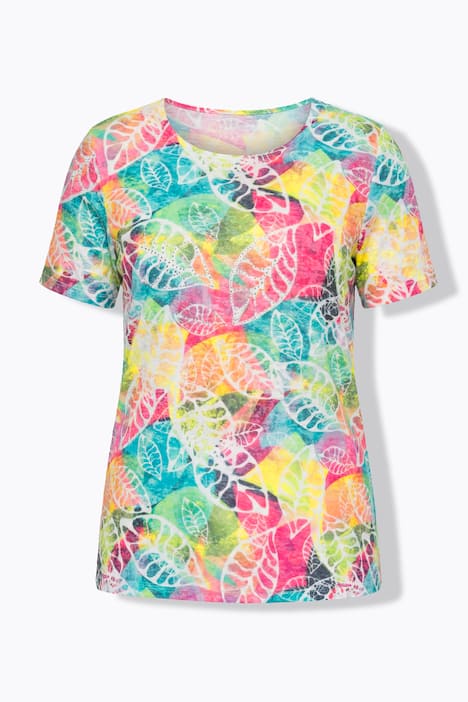 T-Shirt, bequeme Passform, Blättermuster, Glitzersteinchen