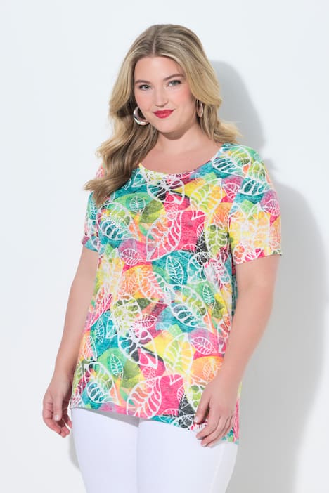 T-Shirt, bequeme Passform, Blättermuster, Glitzersteinchen