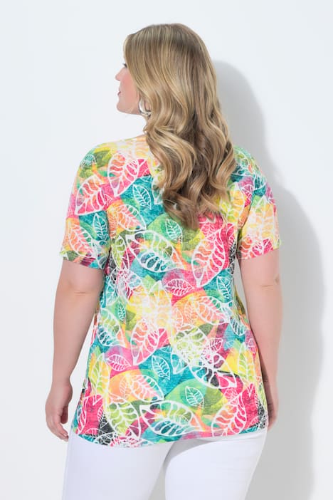 T-Shirt, bequeme Passform, Blättermuster, Glitzersteinchen