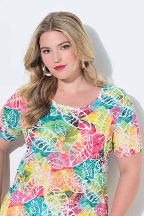 T-Shirt, bequeme Passform, Blättermuster, Glitzersteinchen