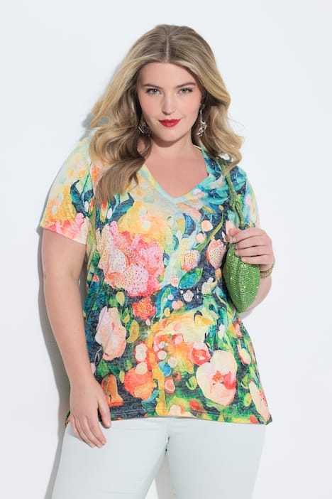 T-shirt dal taglio svasato con fantasia floreale e brillantini