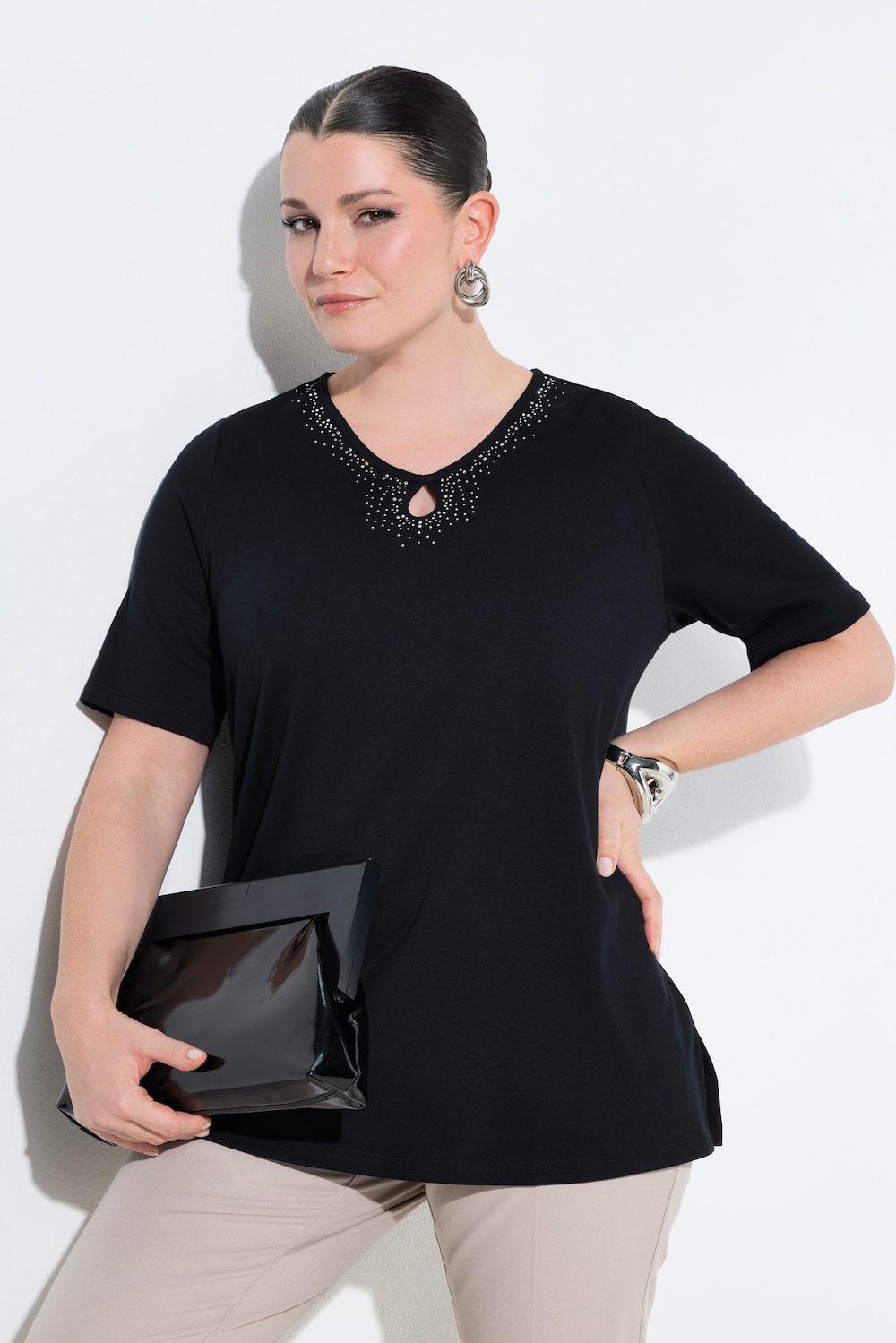 T-shirt, siersteentjes, V-hals, korte mouwen, Pima Cotton