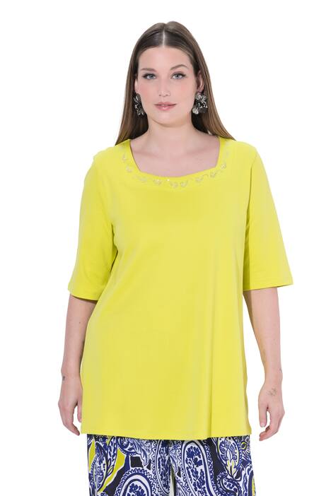 Tričko, ozdobné kamínky, hranatý výstřih, polo rukávy, bavlna Pima