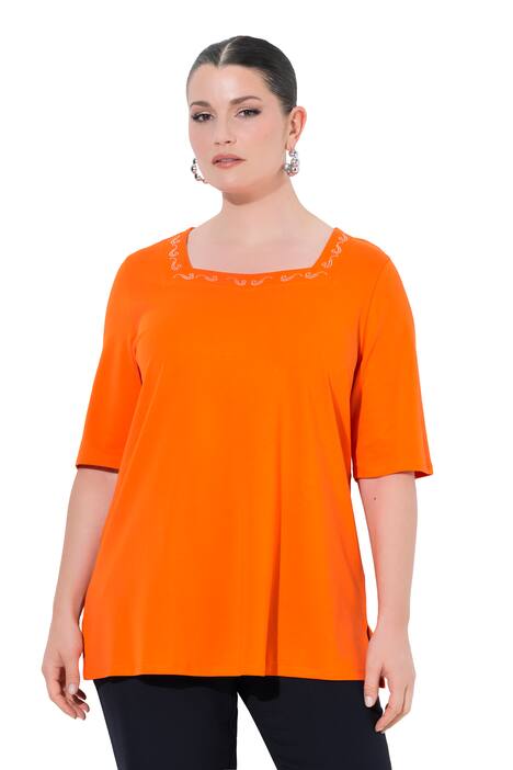 Tričko, ozdobné kamínky, hranatý výstřih, polo rukávy, bavlna Pima