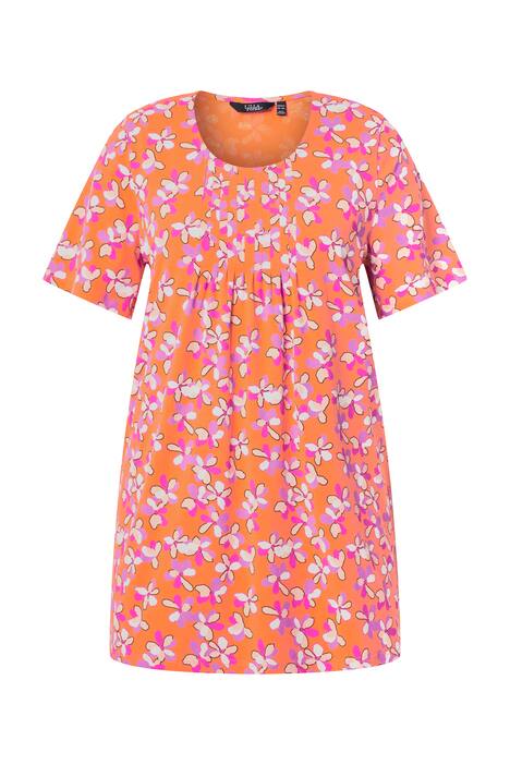 Dlouhé tričko, květinový vzor, ozdobné záhyby, áčkový střih, kulatý výstřih, polodlouhý rukáv