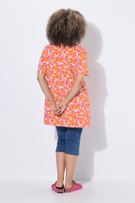 Longshirt, Blüten, Zierfalten, A-Linie, Rundhals, Halbarm