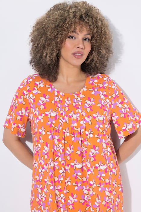 Longshirt, Blüten, Zierfalten, A-Linie, Rundhals, Halbarm