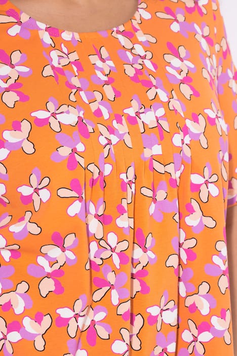 Longshirt, Blüten, Zierfalten, A-Linie, Rundhals, Halbarm