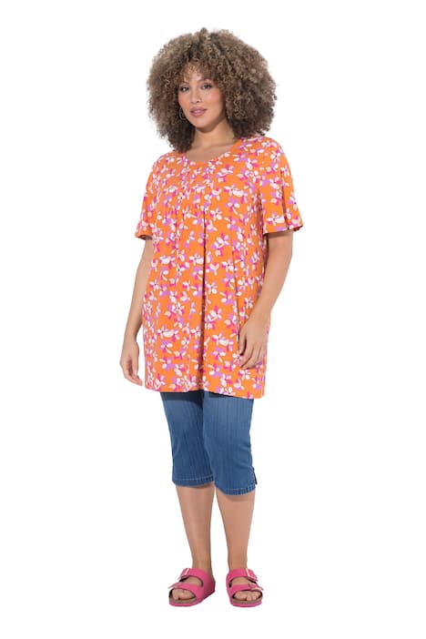 Dlouhé tričko, květinový vzor, ozdobné záhyby, áčkový střih, kulatý výstřih, polodlouhý rukáv