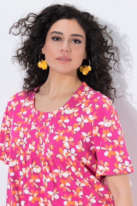 Longshirt, bloemen, sierplooien, A-lijn, ronde hals, korte mouwen