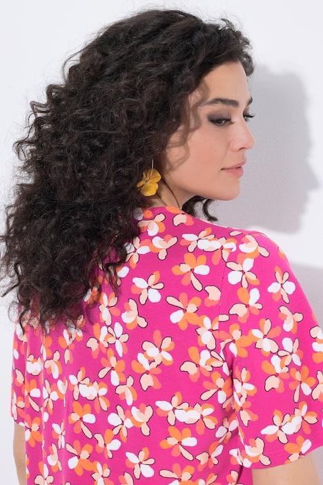 Longshirt, bloemen, sierplooien, A-lijn, ronde hals, korte mouwen