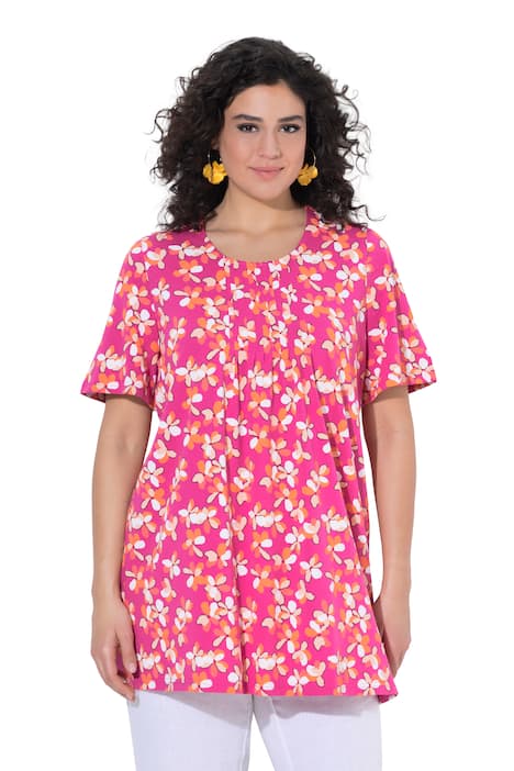 Dlouhé tričko, květinový vzor, ozdobné záhyby, áčkový střih, kulatý výstřih, polodlouhý rukáv